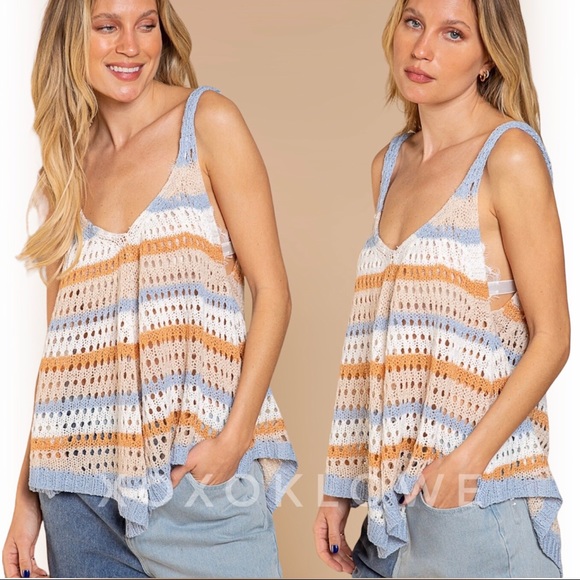 POL Blue + Orange Striped Crochet Open Knit Sleeveless Top - Picture 12 of 15